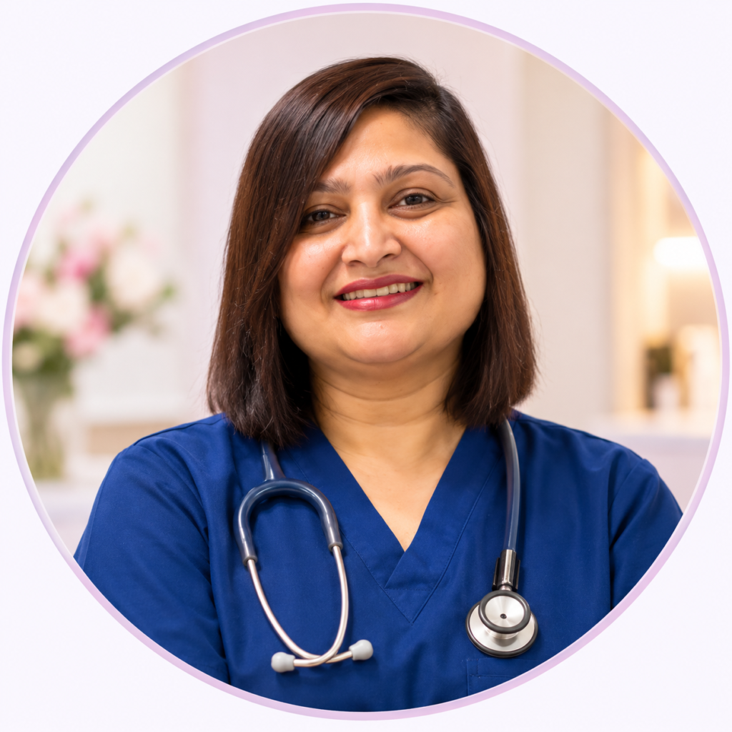 Dr. Sutopa Banerjee, senior obstetrician and gynaecologist, in navy medical scrubs