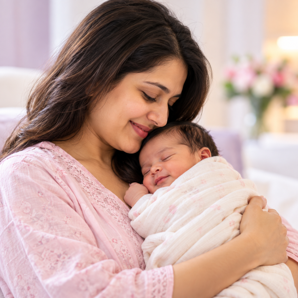 Mother holding her newborn baby, representing compassionate maternity and postnatal care