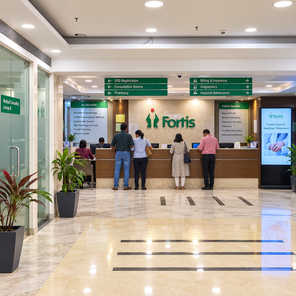 Fortis Vasant Kunj hospital reception representing specialist clinical care